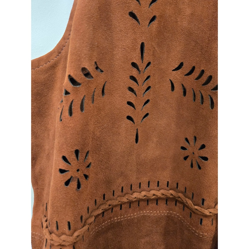 Sundance Brown Leather Suede Boho Fringe Duster Vest Laser Cut Floral Large - Picture 5 of 12